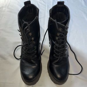 Black Leather Heel Combat Boots
